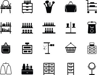 Collection of Black and White Beauty and Cosmetic Icons Depicting Dressers Makeup Brushes and Shopping Elements for Various Design Projects