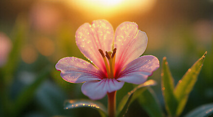 Fototapeta premium Botanical close-up of dew-covered morning primrose petals, with leaves and morning light creating iridescent sheen. Composed in rule of thirds with natural symmetry. Shot with macro lens at f/11 for d