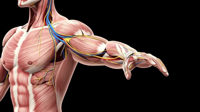 A close-up of a human torso and arm showing muscles, nerves, veins