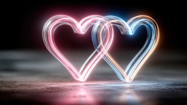 Hearts neon lights trail on transparent background shiny glowing heart romantic love design element