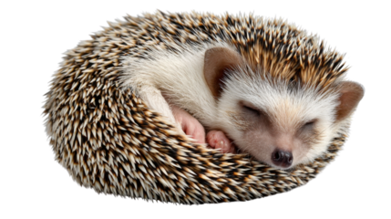 Cozy Sleep: An adorable hedgehog curled up in a ball, eyes gently closed, exuding tranquility and peace, a perfect image for themes of rest and relaxation.
