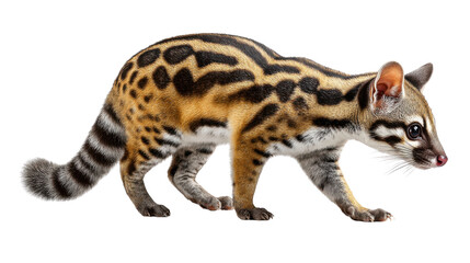 Gentle Genet's Expedition: A striking close-up presents a solitary genet gracefully navigating the frame, showcasing its distinct markings and slender physique.