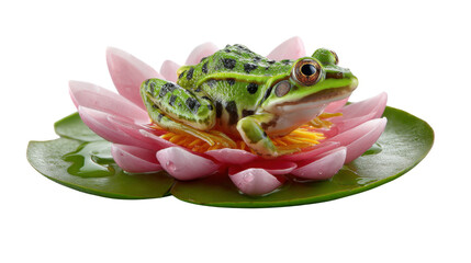 Green Frog on a Water Lily: A captivating portrait of a vibrant green frog perched majestically on a delicate pink water lily, displaying natural beauty