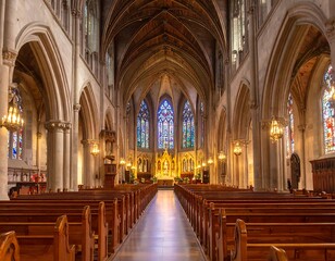 Grand church interior, sunlight streams