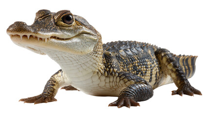 Naklejka premium Juvenile Alligator: A detailed close-up photograph of a young alligator displays intricate skin texture and intense stare, a perfect visual for wildlife enthusiasts.