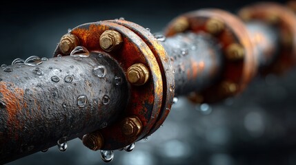A close-up of a rusty, corroded pipe with water droplets on its surface. The texture and details highlight the wear and age of the industrial material.