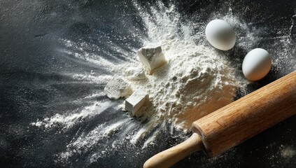 Flour explosion with yeast cubes, eggs, and rolling pin on dark surface