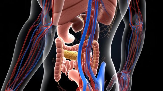 Digestive system organs with blood vessels in body torso