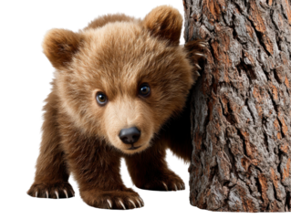 Cute cub, close to the tree: A portrait of a cute cub by tree with a curious look and full fur in the nature. This picture evokes feelings of cuteness, curiosity, and the wonder of wildlife.