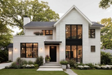 Obraz premium Modern white brick house showcasing contemporary architecture with lush greenery and stylish landscaping in a serene neighborhood during the late afternoon