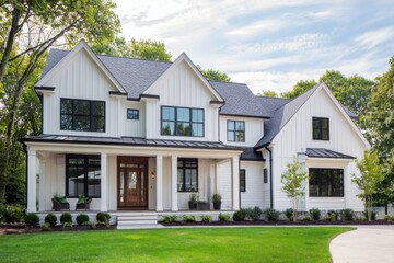 Obraz premium Beautiful modern farmhouse exterior showcasing white siding and large windows situated in a lush green landscape under a clear blue sky