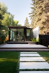 Modern glass house blends with nature in a serene backyard setting during daylight hours showcasing a well-maintained garden and stylish architecture