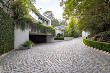 Fototapeta premium Modern architectural design showcases unique driveway and lush greenery in a tranquil residential setting near the forest