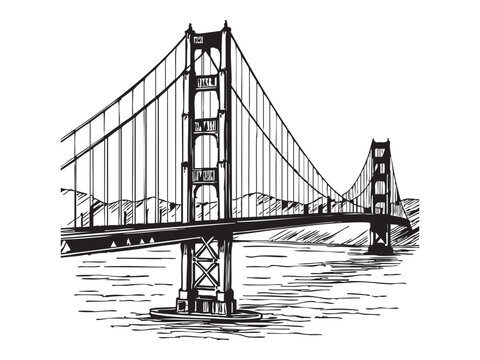 Iconic golden gate bridge sketched in a classic black and white ink drawing style with a serene water background
