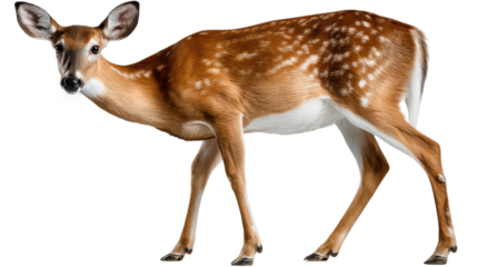 Graceful Doe in Profile: A single, graceful doe stands alertly in profile, showcasing its slender legs and exquisite spotted coat. Against a bright background.