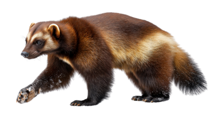 Walking Wolverine: a wolverine walks across a view, with a detailed perspective. a striking close-up portrait, capturing the essence of this powerful, isolated animal.