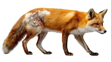 Fototapeta premium The Red Fox: A red fox, with its vibrant orange and white fur, walks gracefully across the scene, its piercing gaze capturing the essence of wild, untamed beauty.