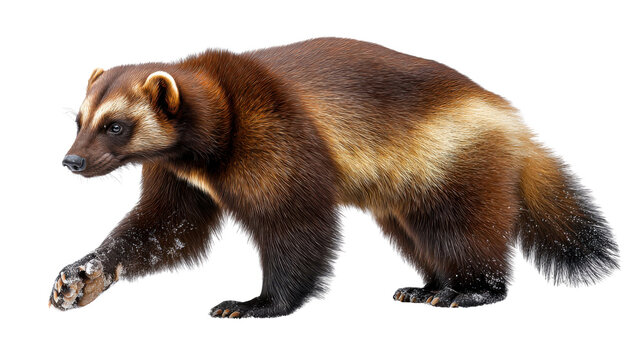 Walking Wolverine: a wolverine walks across a view, with a detailed perspective. a striking close-up portrait, capturing the essence of this powerful, isolated animal.