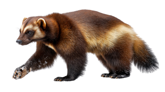 Walking Wolverine: a wolverine walks across a view, with a detailed perspective. a striking close-up portrait, capturing the essence of this powerful, isolated animal.