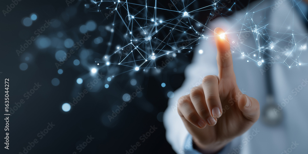 Aufkleber doctor touching virtual interface with glowing digital network connections and data nodes