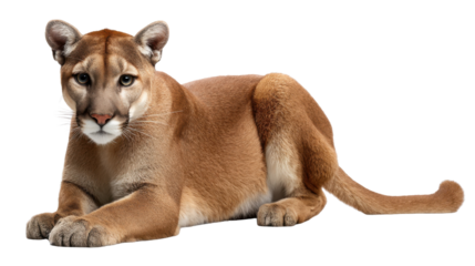 Cougar's Calm Vigil: A majestic cougar rests serenely, embodying the epitome of wild grace and strength, staring directly, its gaze captivating viewers. 