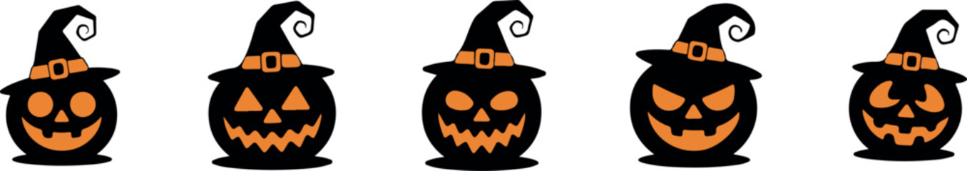 Halloween pumpkin wearing a witch hat a spooky silhouette isolated on transparent background