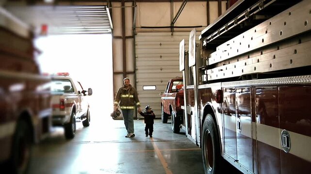 Firefighter Father Walking with Young Son Through Fire Station
