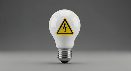 A white light bulb with a yellow warning sign on it, set against a gray background