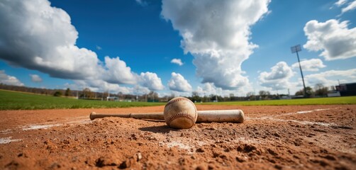 Weathered baseball, bat rest on infield dirt beneath bright blue sky with fluffy clouds. White stitching contrasts green grass, dirt base path. Sun-drenched stadium evokes summer game day atmosphere,