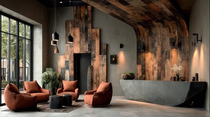 Hotel lobby interior with wooden walls, beige armchairs, pendant lights, and minimalist reception desk in warm tones