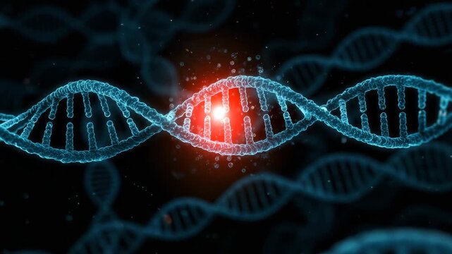 Rotating DNA helix with glowing genes in molecular loop