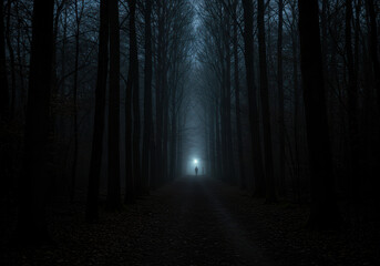 Obraz premium A solitary figure illuminated by a bright light in a dark dense forest at night