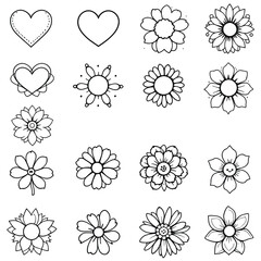 Black and White Floral and Heart Icon Set – 16 Hand-Drawn Line Art Motifs Including Flowers, Hearts, Sun, and Smiling Face