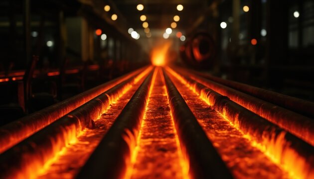 Hot steel rebars glow on industrial production line. Parallel metal rods move through manufacturing process in factory. Intense heat, orange light illuminate scene. Robust engineering in heavy