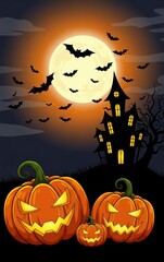 A spooky Halloween illustration with a haunted house, full moon, bats, and a field of glowing jack-o'-lanterns
