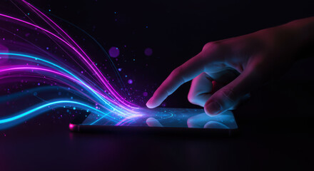 Fingertip ignites vibrant neon light trails on a dark digital interface