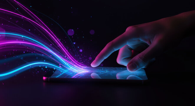 Fingertip ignites vibrant neon light trails on a dark digital interface