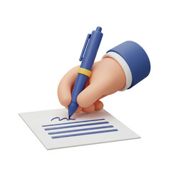 3D illustration Hand Writing with Blue Pen on Paper, Transparent Background
