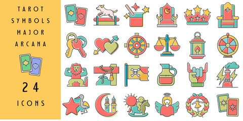 Symbols of the Major Arcana Tarot in a colorful set of 24 icons