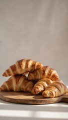 Golden brown croissants stacked on a wooden board. Flaky pastry, buttery layers. Freshly baked perfection for breakfast or a delicious treat. Ideal bakery item for a delightful snack.