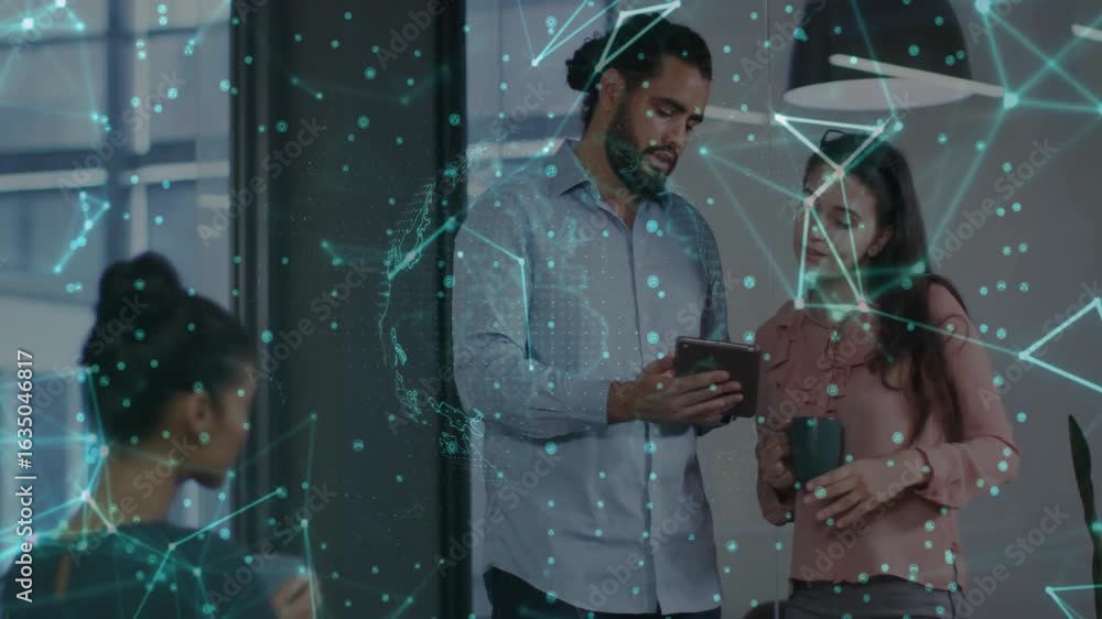Aufkleber man tapping tablet revealing tech data map while woman inspecting nodes and exchanging looks