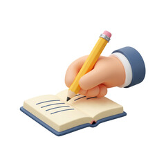 3D illustration Stylized Hand Writing in Book with Yellow Pencil on Black