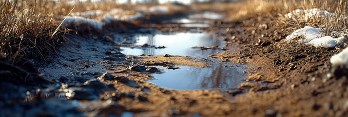 Fototapeta premium Close-up view of sunlit rural dirt path filled with reflective puddles, bordered by dry grass and melting snow, hinting at early spring thaw