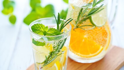 Fototapeta premium Refreshing Citrus Infused Water with Mint and Rosemary A Healthy Hydration Choice for Wellness and Summer Relaxation