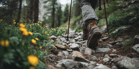 Fototapeta premium Hiker trekking rocky forest trail with yellow wildflowers in summer 