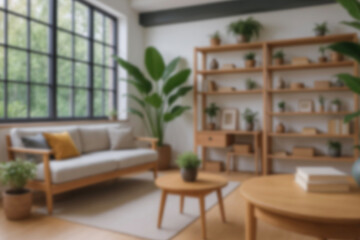 Blurred view of modern living room with sofa and soft bench. room interior with couch, armchair and...