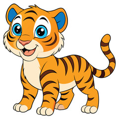Obraz premium Cute cartoon tiger cub with black stripes, isolated on white background