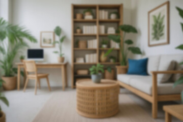 Blurred view of modern living room with sofa and soft bench. room interior with couch, armchair and coffee table or shelving units. stylish living room. comfortable workplace near big window.
