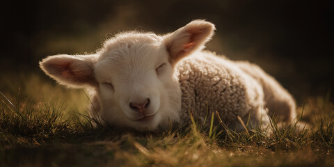 Sweet lamb lying in meadow grass with eyes closed in sunlight