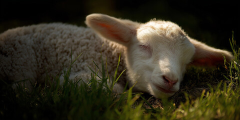 Adorable lamb resting peacefully on green grass in soft sunlight
